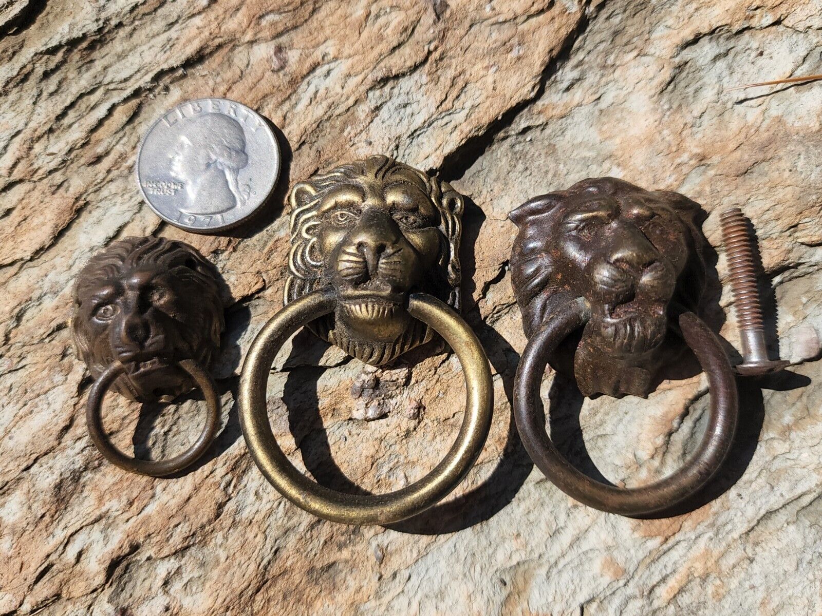 3 Various Small Vintage Antique Brass And Iron Lion Head Pulls, Handles  #m11