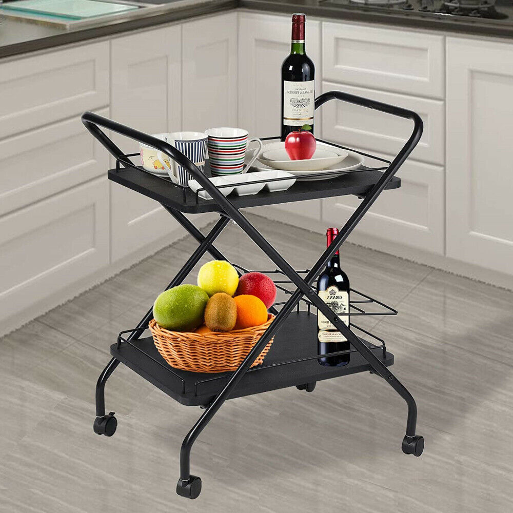 2-tier Utility Cart Wagon /w Wheels Metal Bar Service Car W/ Wine Rack Us Stock