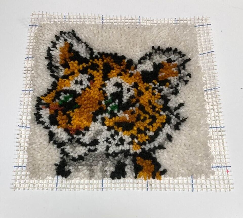 Vintage Baby Tiger Latch Hook Finished Square Pillow Starter Wall Hanging Rug