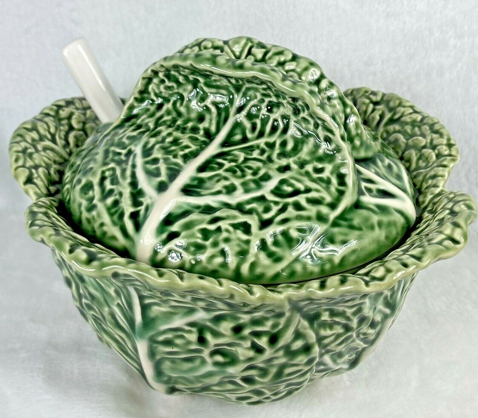 Cabbage Leaf Soup Tureen With Ladle Bordallo Pinheiro Portugal 7.5" Wide 4" Tall