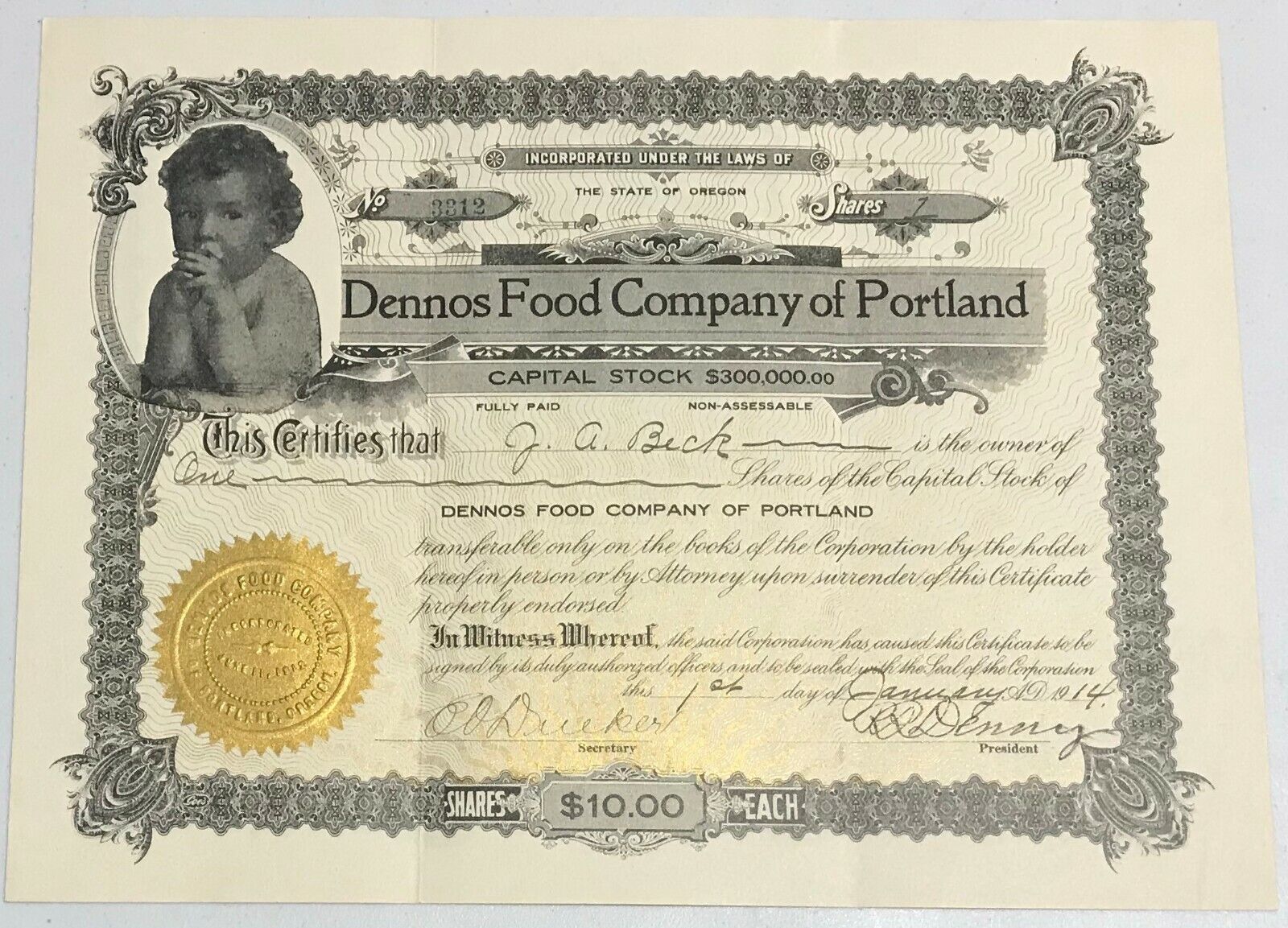 1914 Dennos Food Company Of Portland Stock Certificate Oregon