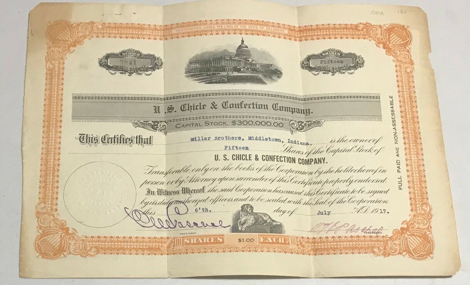 1917 U.s. Chicle & Confection Company Stock Certificate & Business Letter