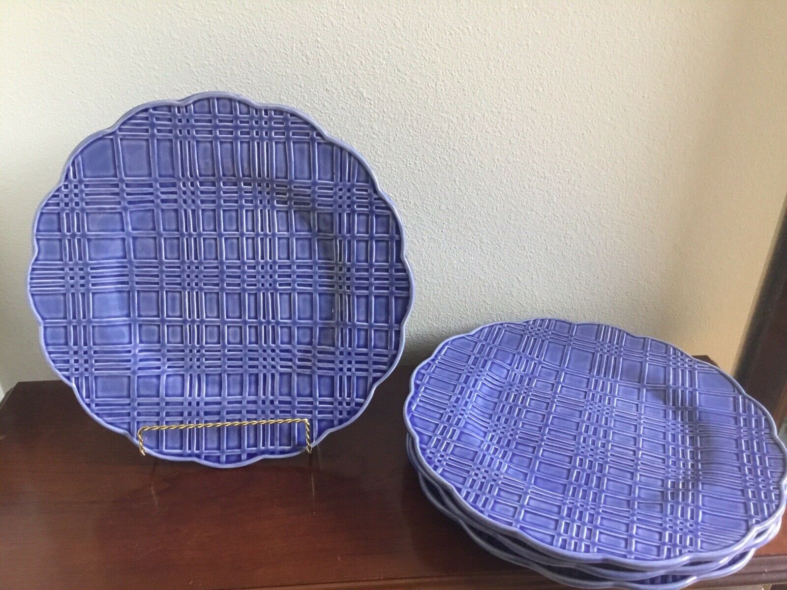 Set Of Four~ Bordallo Pinheiro Large Geometric/lattice Dinner Plates~ Rare