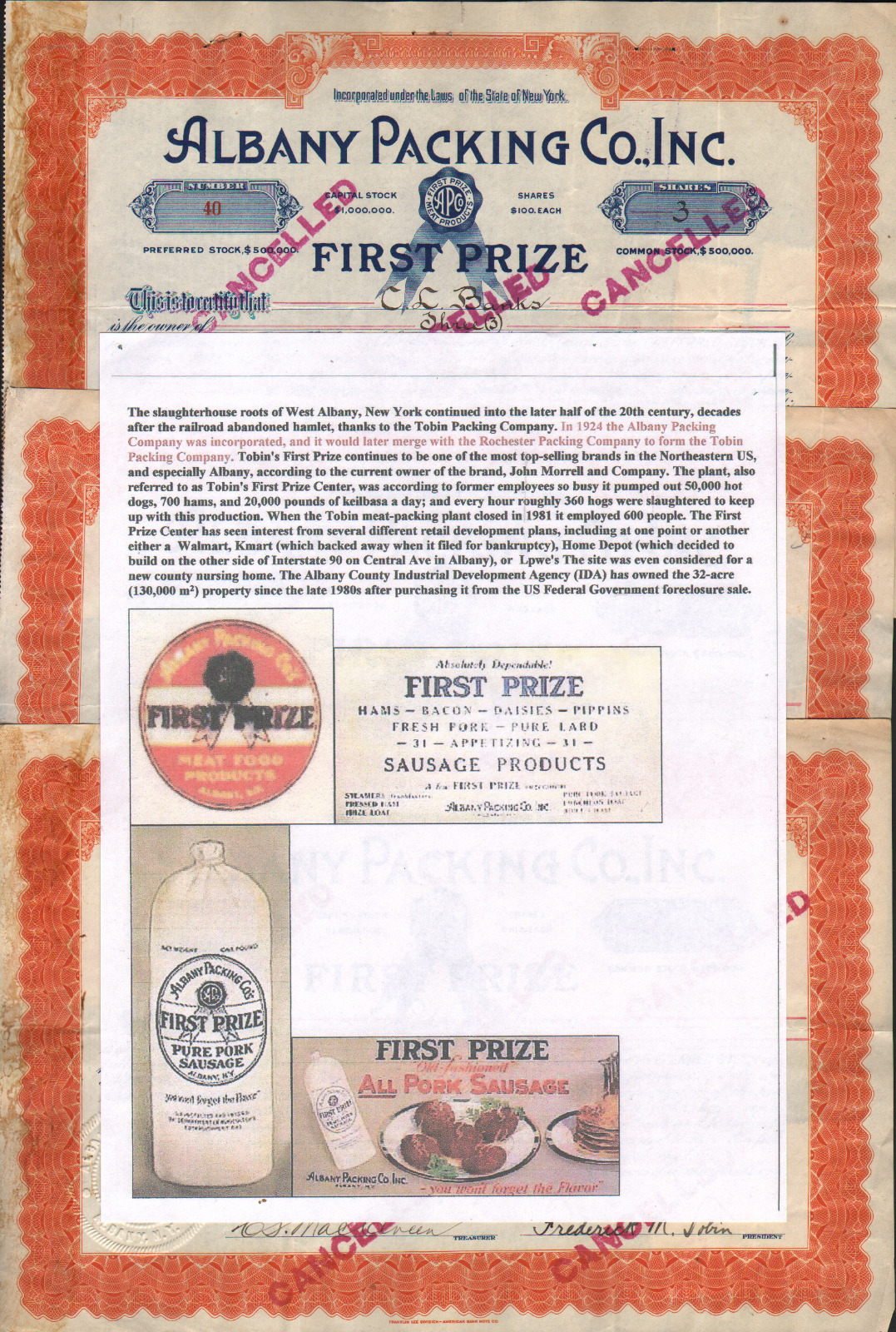 3 Stks Albany Packing Co. Inc Albany, Ny 1924  Brand Was "first Prize" Preferred