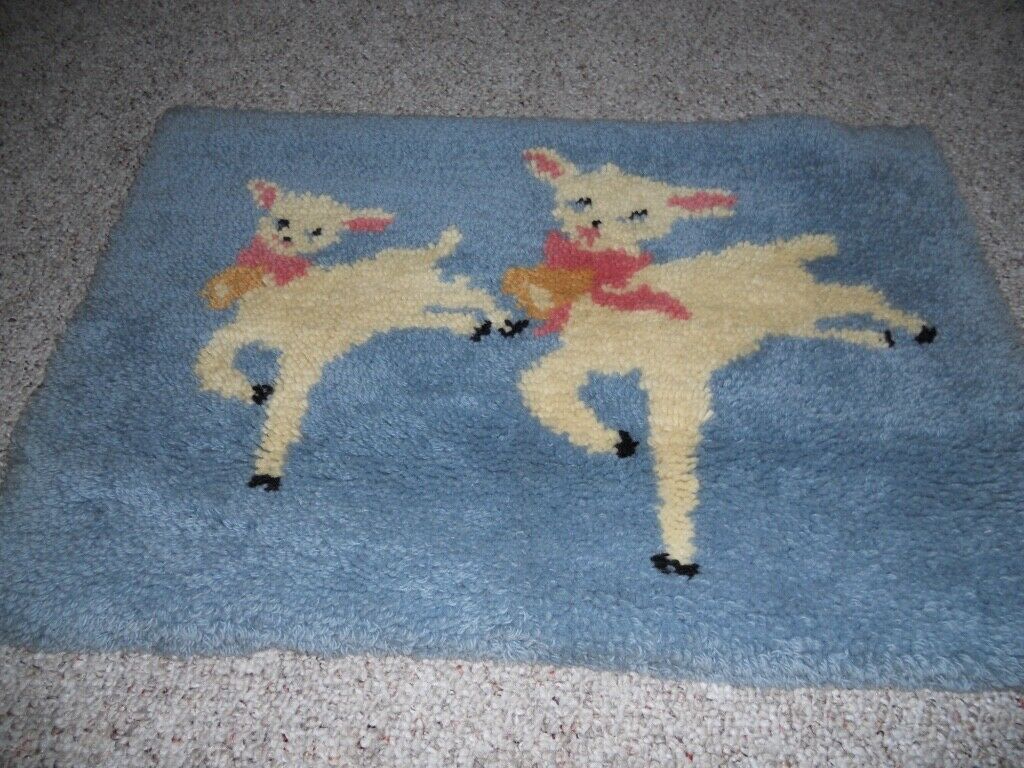 Vintage 1970s Latch Hook Rug Wall Hanging Finished Lambs