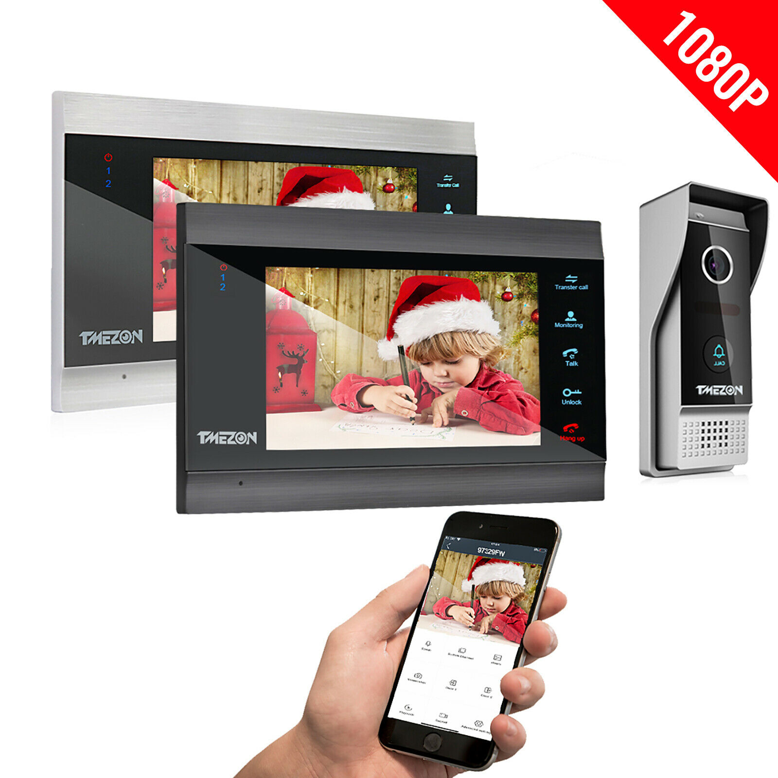 Tmezon Wireless Wifi Video Doorbell Door Phone Intercom 2x Monitor System 1080p