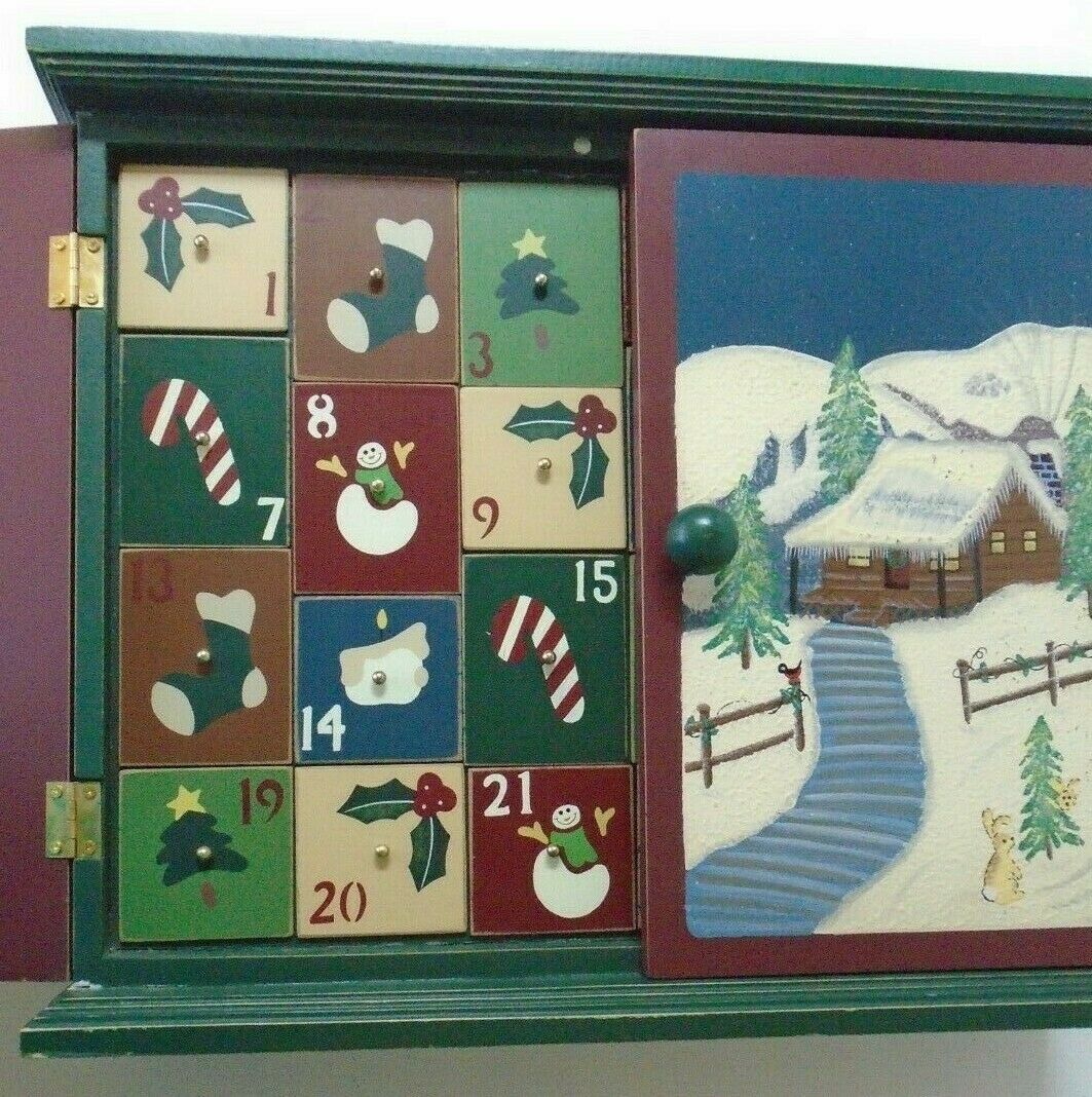 Vintage Wood Christmas Advent Calendar Snowman Cabinet 24 Drawers 15"wx12.5"t