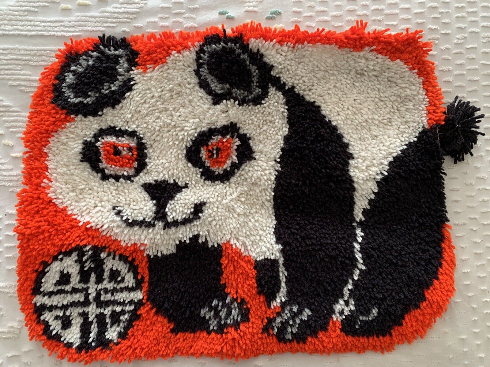 Vintage Panda Bear W/ Tail Latch Hook Rug Red Finished 20"x28" Nice Cute