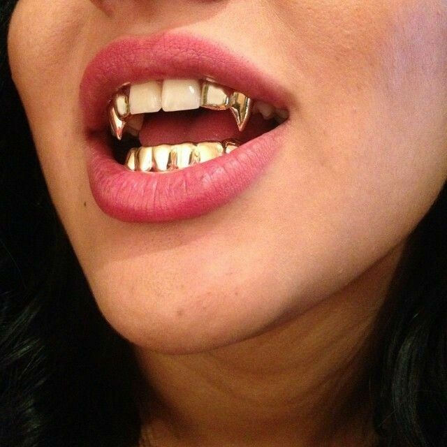 Custom 14k Gold Gp Bottom Lower Teeth Grillz & Upper Top Double Fangs 3pc Set