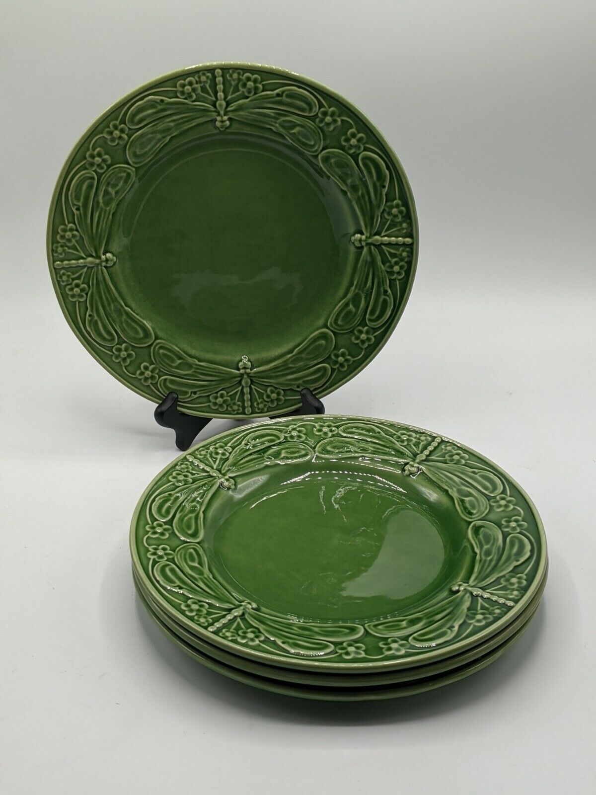 4 World Market Dragonfly Green Majolica Dinner Plates Made In Portugal Crazing