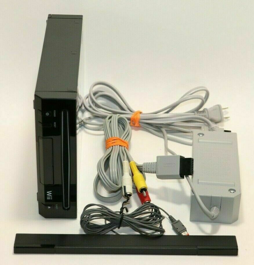 Nintendo Wii Console + Sensor Bar & Cords Black Rvl-101(usa) Free Priority Ship