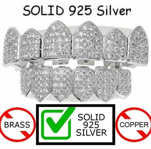 Real Solid 925 Silver Iced Diamond Custom Grillz Teeth Top & Bottom Set Hip Hop