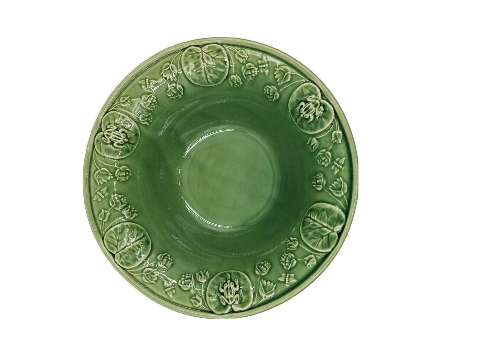 Vintage Bordallo Pinheiro Green Bowl Dish Frogs Lily Pad Portugal 10.5”