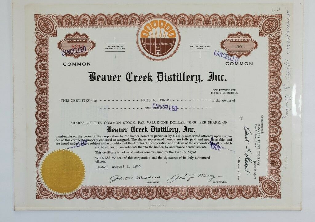Beaver Creek Distillery Common Stock Certificate Dated 1966 100 Shares Each $1