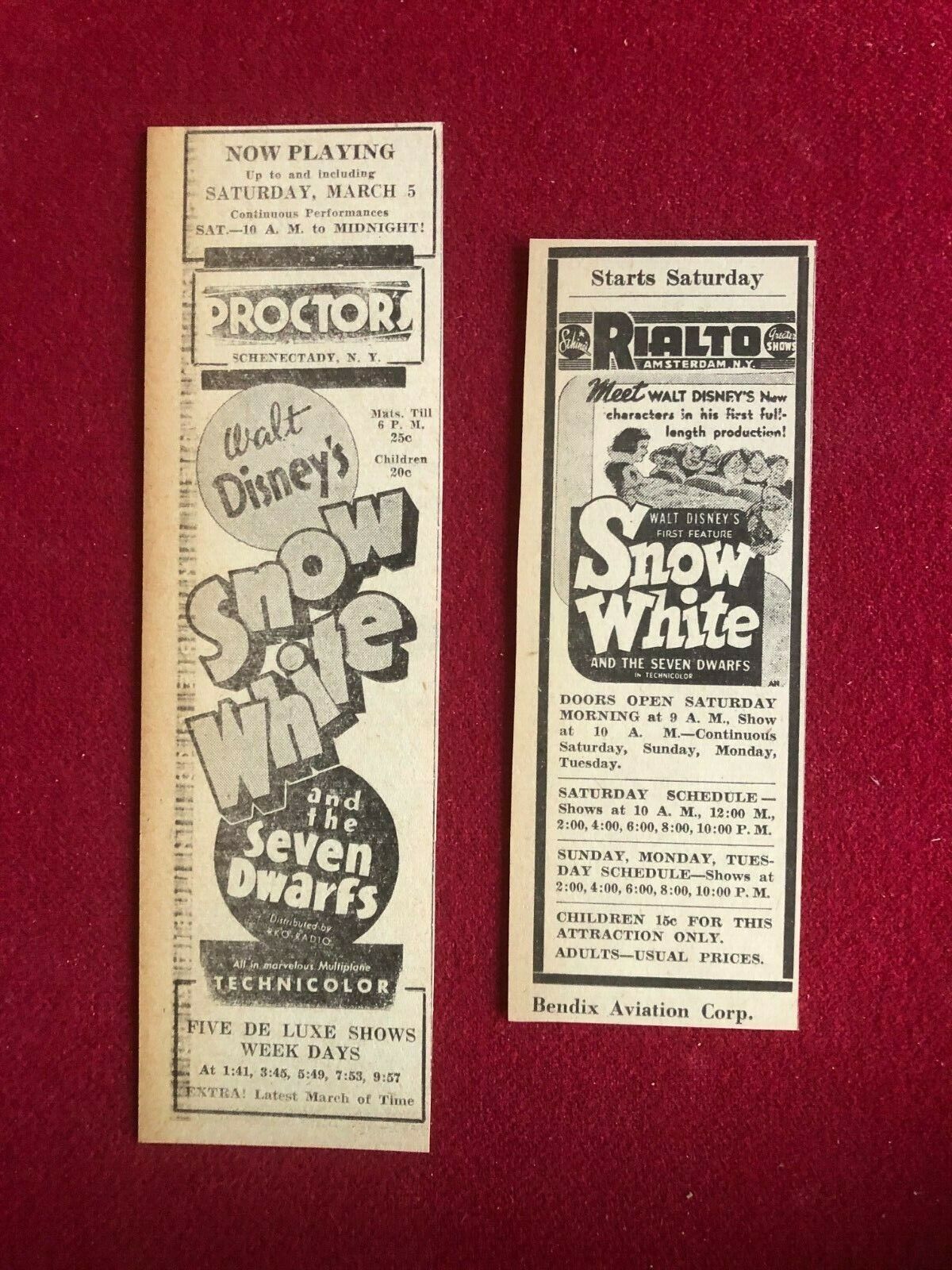 1938, Walt Disney, "snow White" Movie Ads (2) Scarce / Vintage