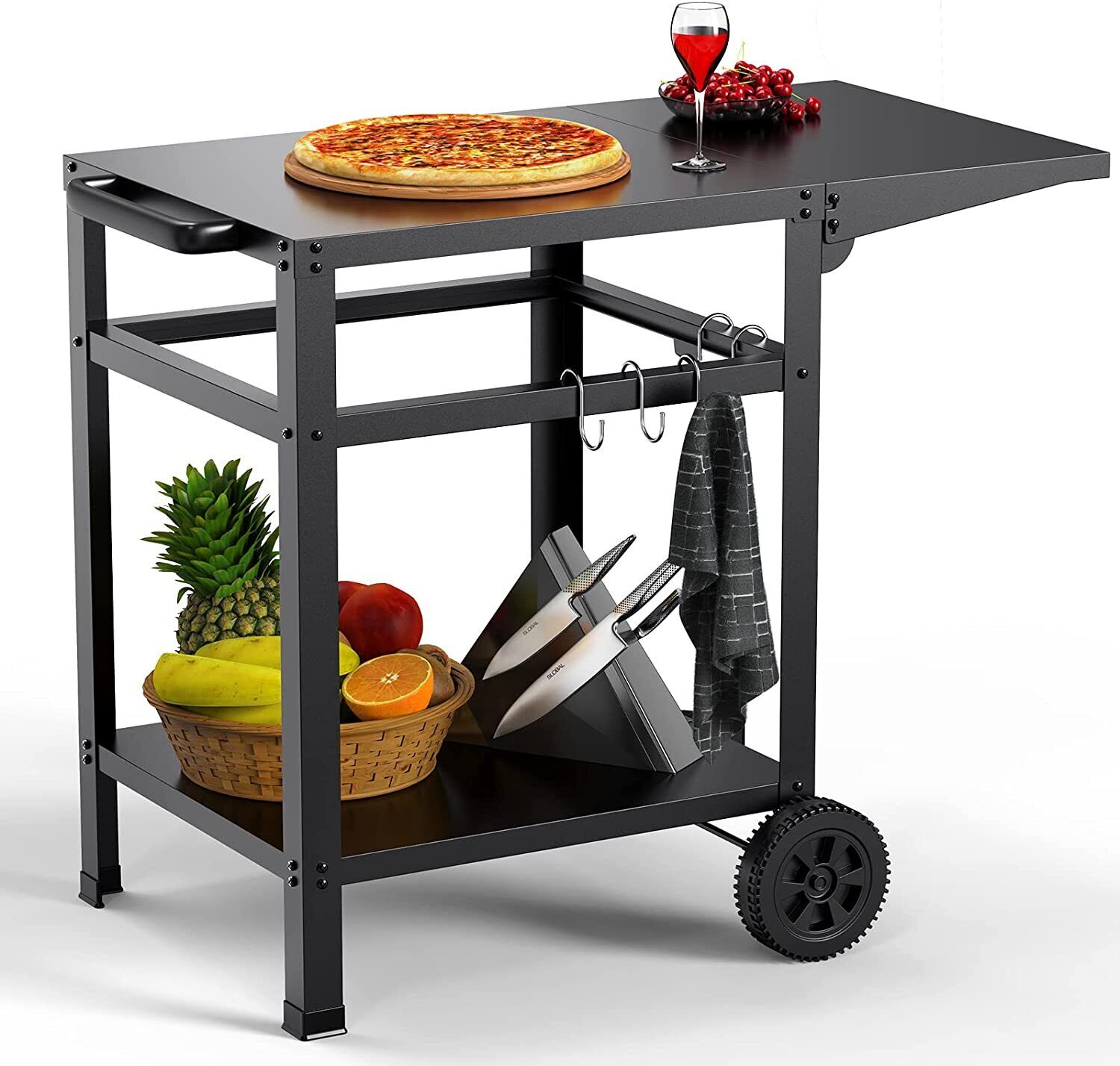 New Outdoor Dining Cart Double-shelf Movable Table Pizza Oven Trolley Bbq Stand