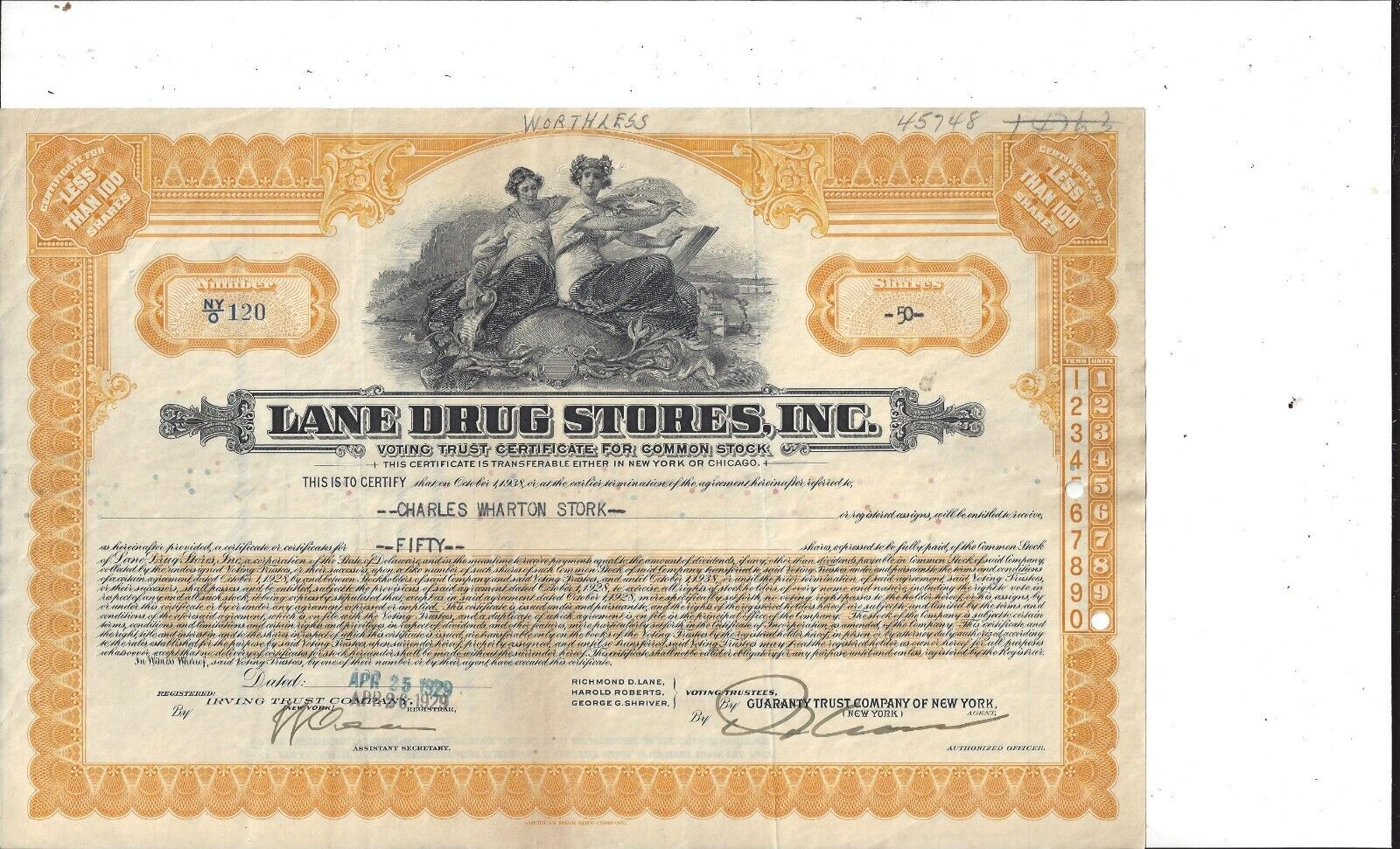 Lane Drug Stores Inc.........1929  Voting Trust Certificate  For  Common Stock