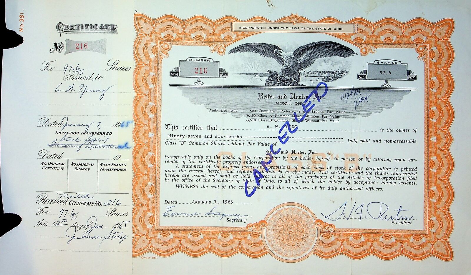 Reiter Dairy Company Stock Certificate Bond Scripophilly Akron Ohio 1965 No 216