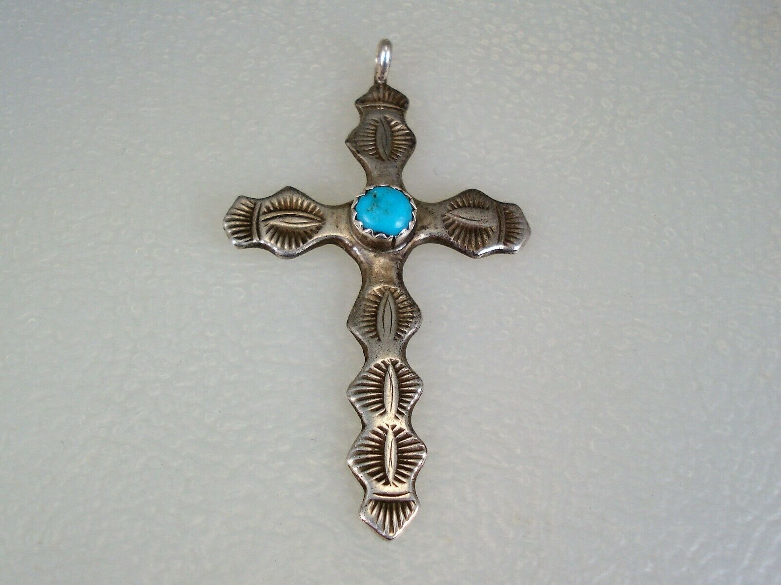 Vintage Navajo Stamped Sterling Silver & Turquoise Cross Necklace Pendant