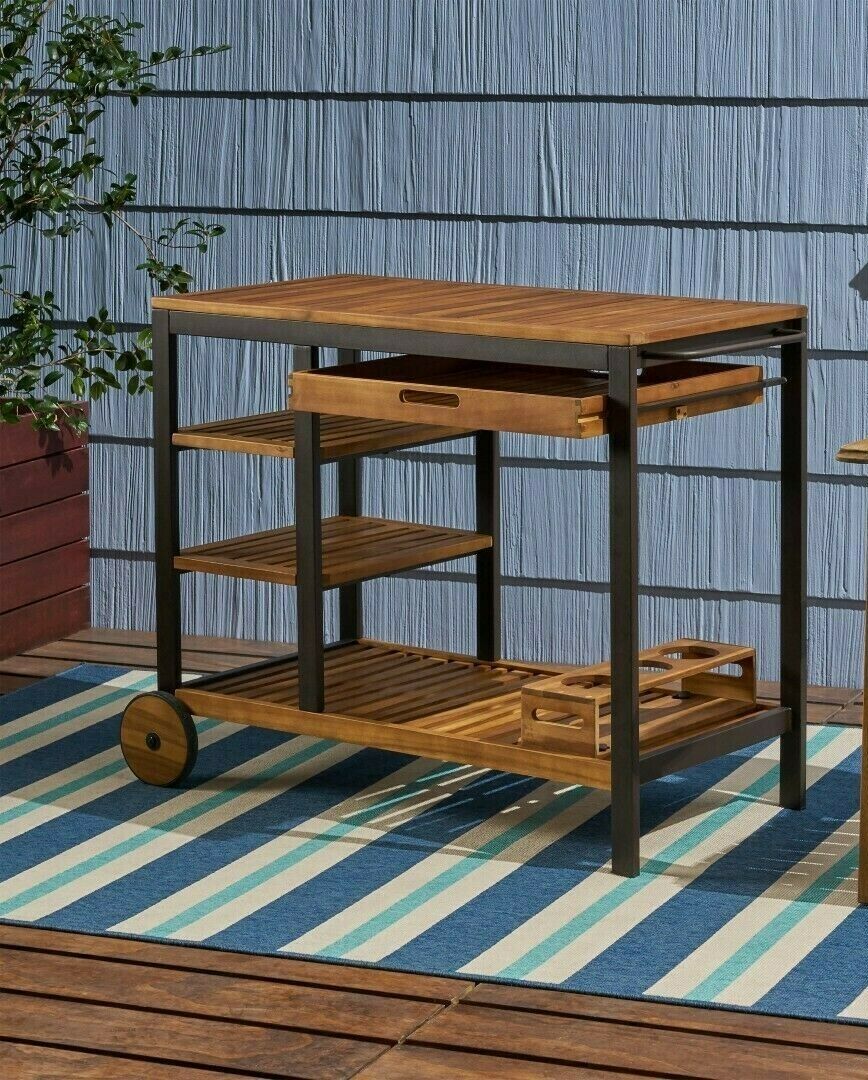 Gdf Studio Ishtar Outdoor Acacia Wood Bar Cart Reversible Drawers Wine Holders