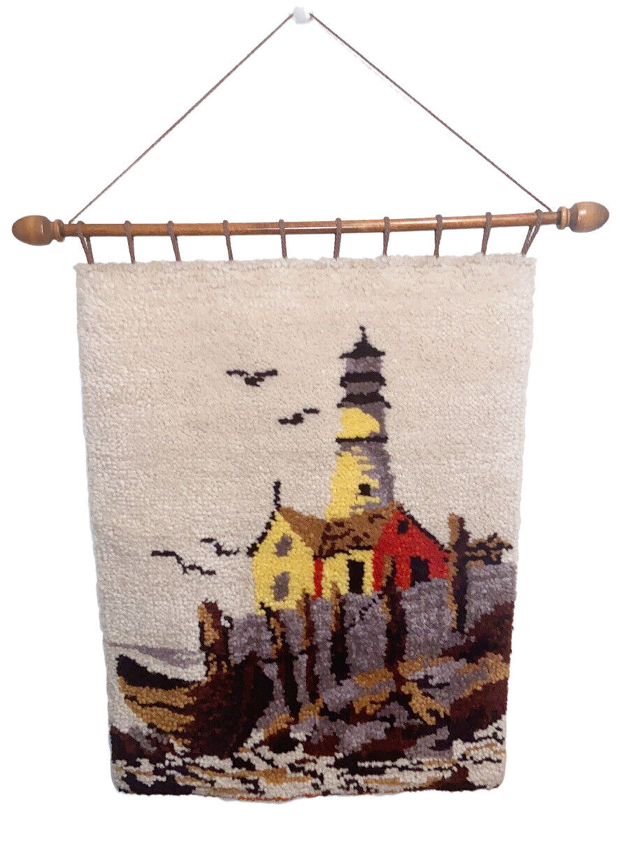 Rare Vintage Shillcraft Completed Latch Hook Rug Wall Hanging Lighthouse Retro