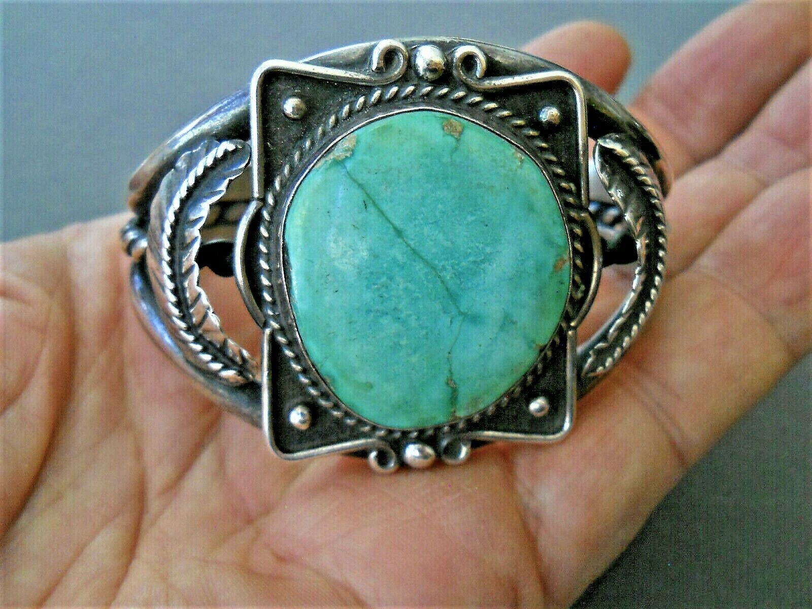 Vintage Native American Blue-green Turquoise Sterling Silver Leaf Bracelet J