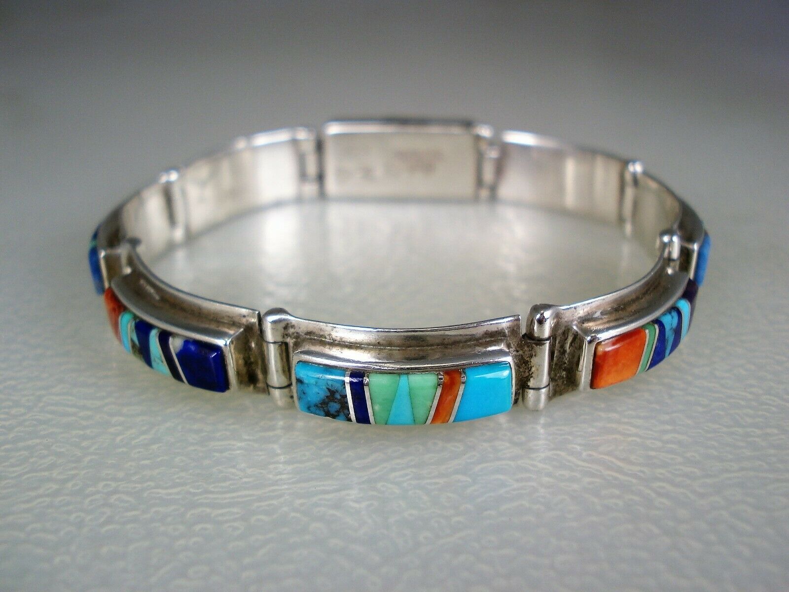Vintage Calvin Begay Navajo Sterling Silver & Mosaic Inlay Link Bracelet