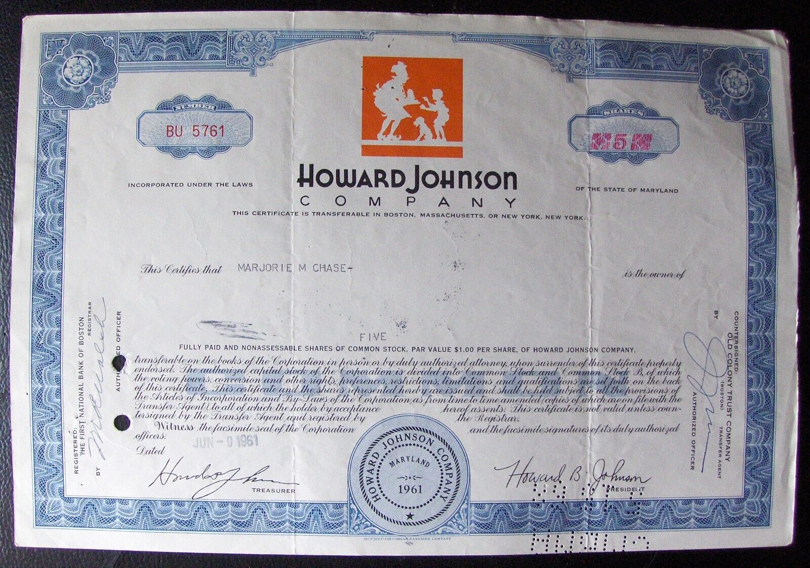 Stock Certificate Howard Johnson Company 1961