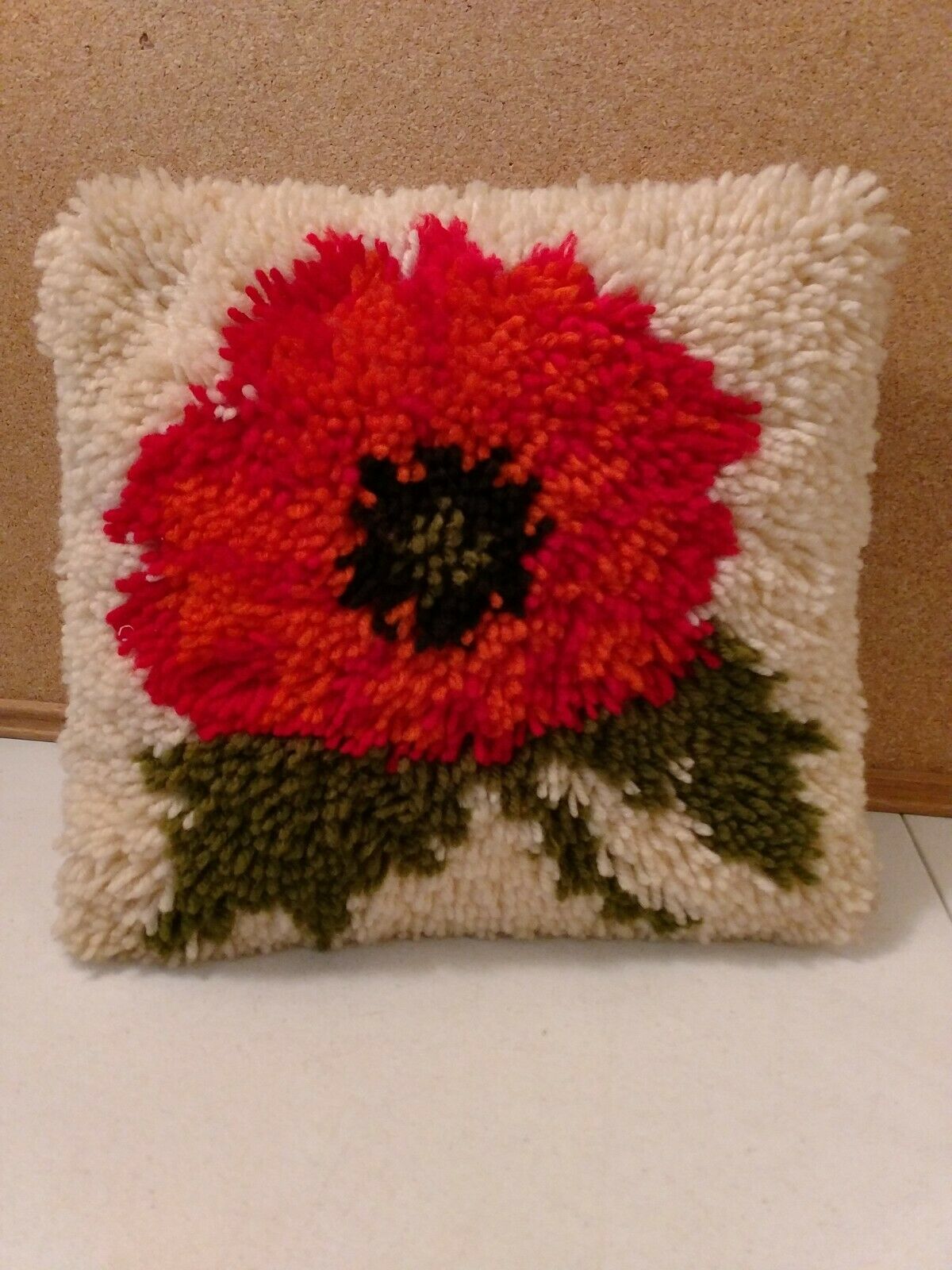 Vintage Finished Handmade Latch Hook Square Pillow
